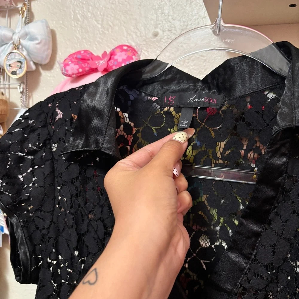 Heart Soul Black Lace Button Up Top Size Large - Picture 2 of 5